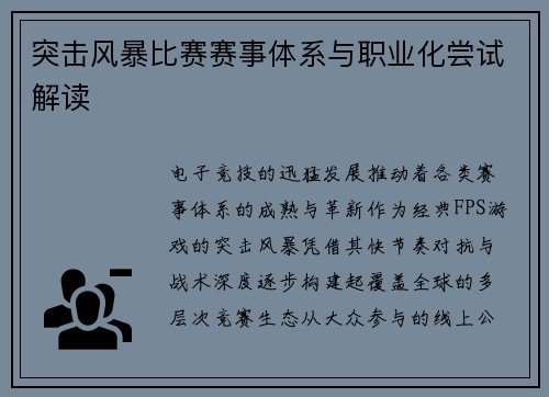 突击风暴比赛赛事体系与职业化尝试解读